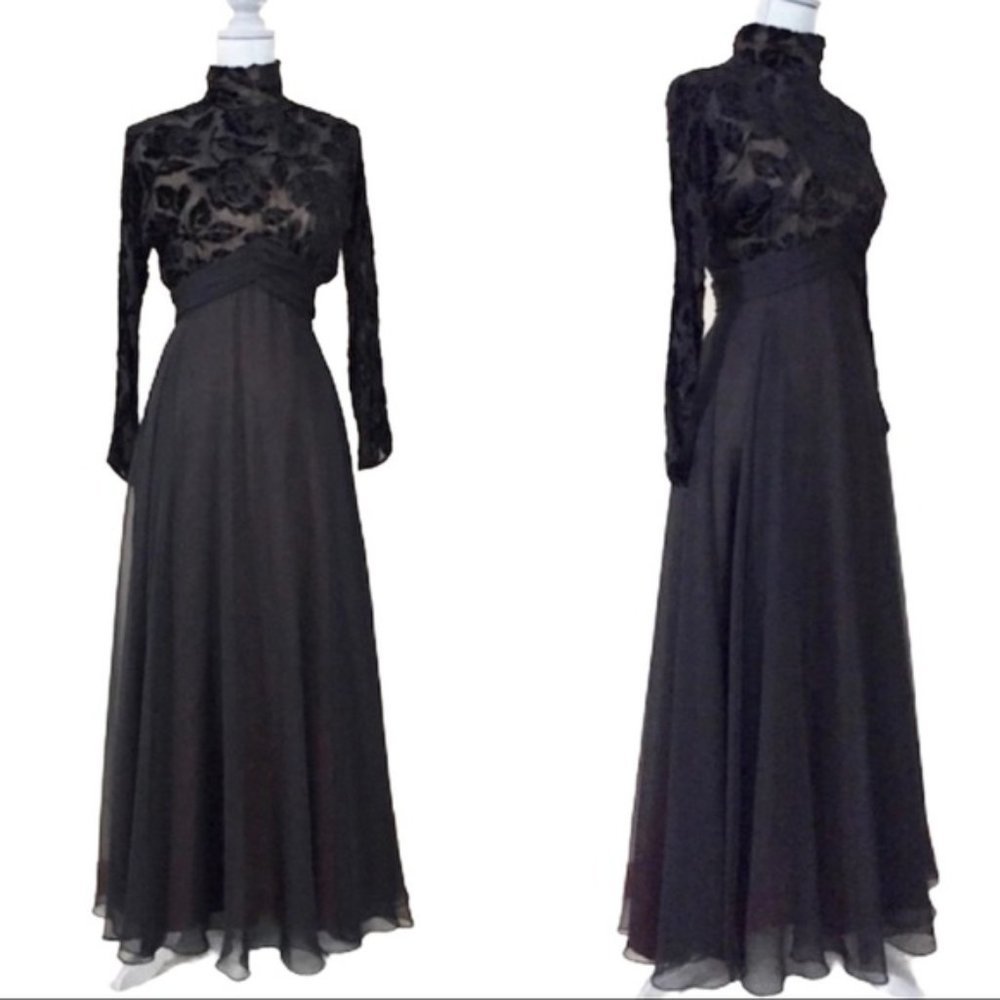 Vintage black chiffon dress, goth Penny dreadful victorian witch halloween